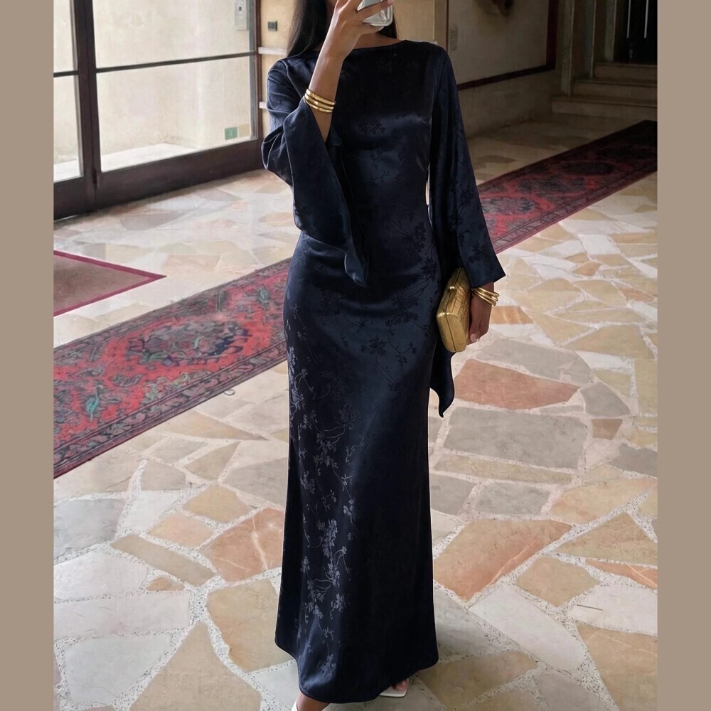 Navy Floral Jacquard Bell Sleeve Boat Neck Satin Maxi Dress